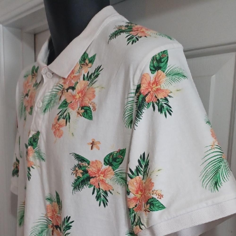 Threadbare Floral Print Polo Shirt - White, Green and Orange - Picture 6 of 8